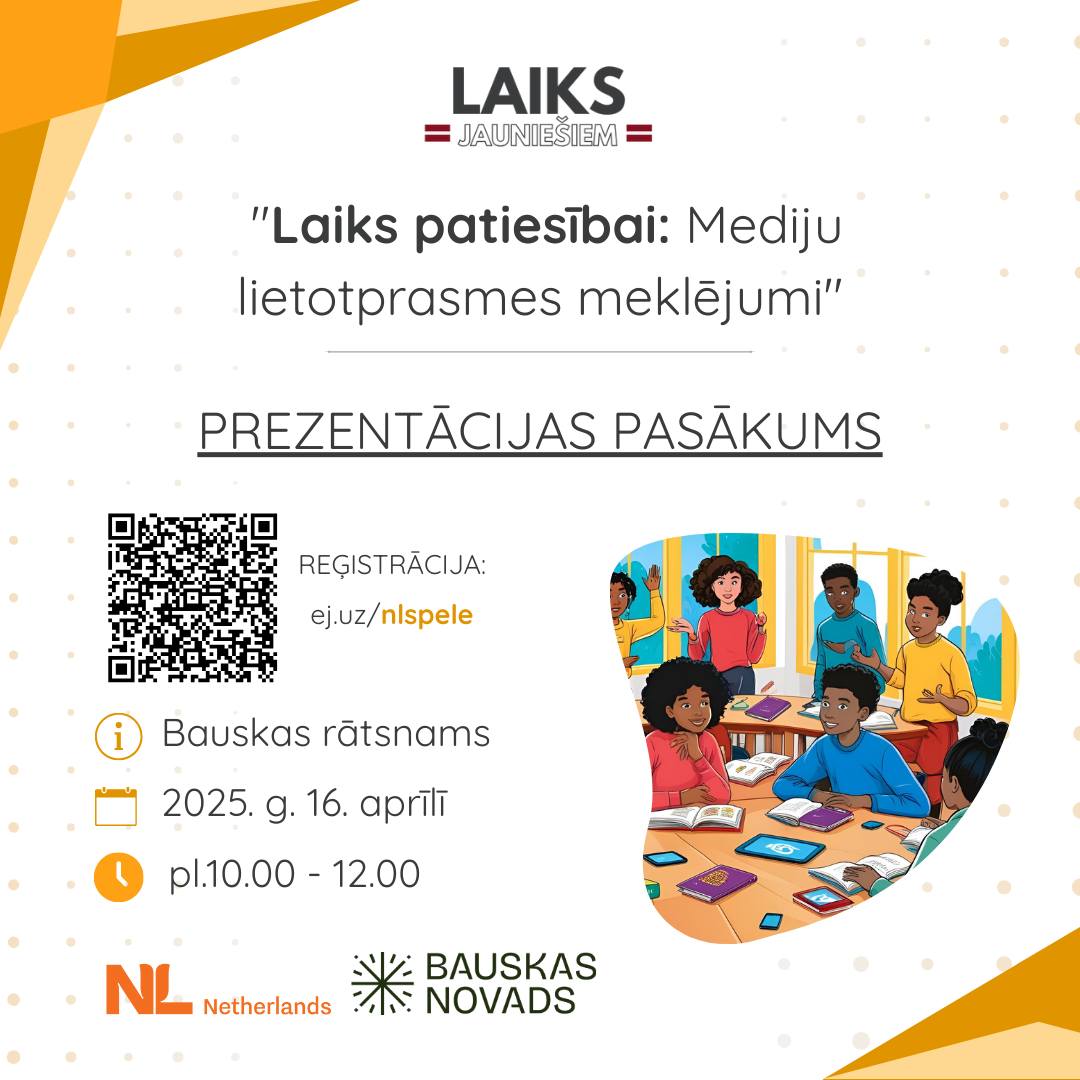 Pasākuma fotogrāfija: Biedrība “Laiks Jauniešiem” svinīgi aicina piedalīties spēles “Laiks patiesībai: mediju lietotprasmes meklējumi” prezentācijas pasākumā
