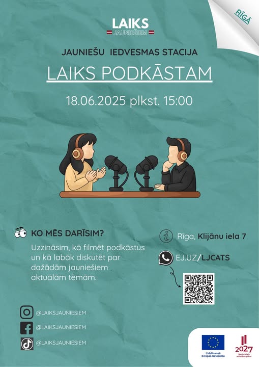 Pasākuma fotogrāfija: Biedrības “Laiks Jauniešiem” Rīgas nodaļa aicina Tevi uz neformālo grupu “Laiks PODKĀSTAM”, 18. jūnijā plkst. 15:00 Klijānu ielā 7, lai kopā iepazītu podkāstu veidošanas pasauli.