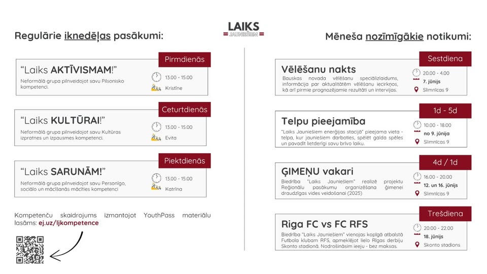 Pasākuma fotogrāfija: Biedrība “Laiks Jauniešiem” no 09.06.2025 Bauskas pilsētā atvērs telpas (“Laiks Jauniešiem enerģijas staciju) jaunā vietā jauniešiem - ar mērķi sekmēt to vispārēju attīstību izmantojot neformālās izglītības metodes.