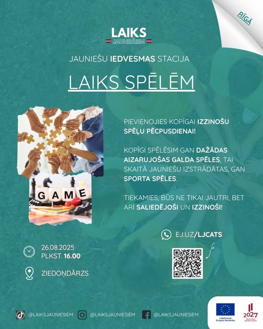 Pasākuma fotogrāfija: Jau RĪT, 26.augustā biedrības “Laiks Jauniešiem” Rīgas nodaļa aicina tieši tevi uz aizraujošu spēļu pēcpusdienu!