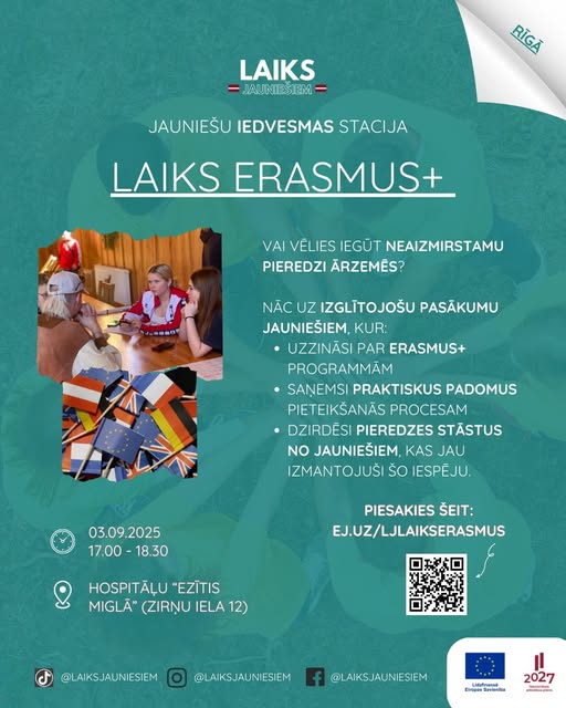 Pasākuma fotogrāfija: Rīgas nodaļa aicina Tevi kopā ar citiem jauniešiem, 3. septembrī iepazīt Erasmus+ - iespēju mācīties un iegūt jaunas prasmes pavisam citādā, aizraujošā veidā!