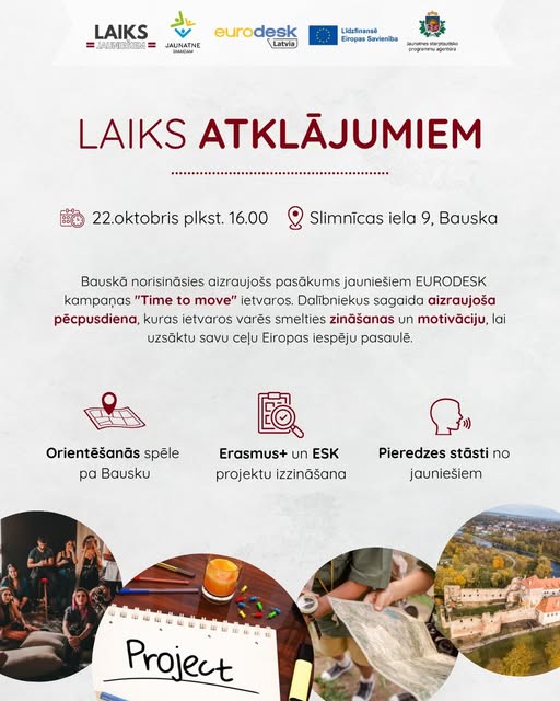 Mēs biedrība Laiks Jauniešiem kopā ar Jaunatne smaidam / Youth for Smile un Eurodesk Latvia aicinām tieši Tevi 22. oktobrī plkst. 16.00, Laiks Jauniešiem Enerģijas stacijā (Slimnīcas iela 9) uz pasākumu “Laiks atklājumiem”.