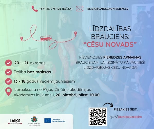 Laiks Jauniešiem komanda piedāvā iesākt oktobra brīvlaika nedēļu aizraujoši, dodoties ciemos pie jauniešiem Cēsu pusē 2 dienu braucienā!