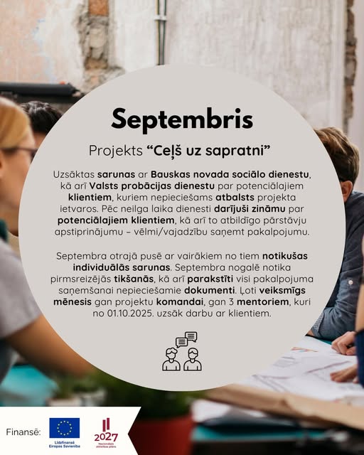 Aizvadīts otrais mēnesis SIF Sociālās Inovācijas “Ceļš uz sapratni” projektā, kurā uzsāktas sarunas ar Bauskas novada Sociālo dienestu un Valsts probācijas dienestu par potenciālajiem klientiem, kuriem projekta ietvaros nepieciešams atbalsts.