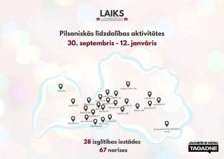 Pasākuma fotogrāfija: No 2025. gada 30. septembra līdz 2026. gada 12. janvārim “Laiks Jauniešiem” komanda bijusi īstā Latvijas tūrē - 28 izglītības iestādes, 67 pilsoniskās līdzdalības nodarbības.