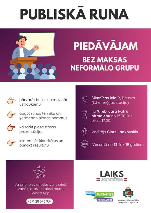 Pasākuma fotogrāfija: Publiskā runa jauniešiem (13-19 gadi) - bez maksas, neformāla grupa, kuru organizē biedrība “Laiks Jauniešiem”!
