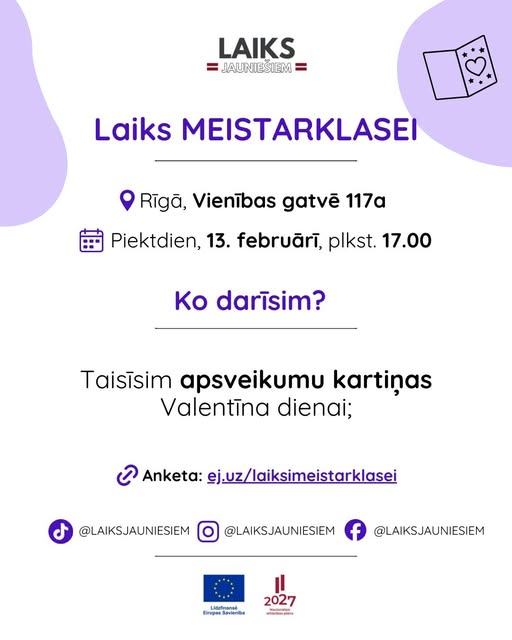 Pasākuma fotogrāfija: Aicinām jauniešus pievienoties mūsu neformālajai grupai “Laiks MEISTARKLASEI”. Tā būs lieliska iespēja ne tikai radoši darboties, bet arī iepazīt jaunus cilvēkus, iedvesmoties un pavadīt vakaru draudzīgā atmosfērā.