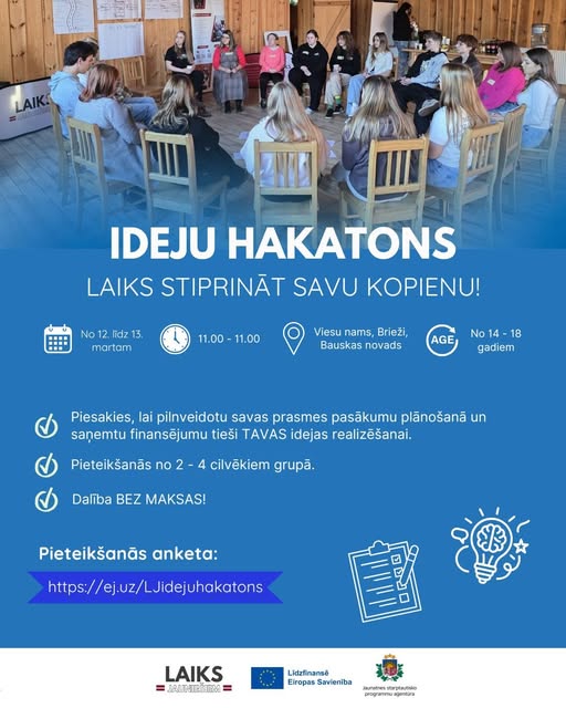 Pasākuma fotogrāfija: Ideju hakatons “Laiks stiprināt savu kopienu!” Aicinām jauniešus vecumā no 14 līdz 18 gadiem piedalīties divu dienu ideju hakatonā, kas notiks 12. un 13. martā viesu namā Brieži (Bauskas novadā).