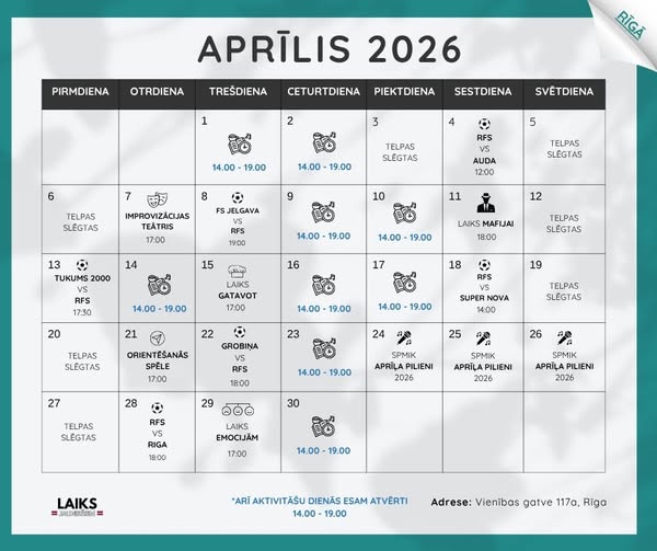 A new month – new opportunities! The APRIL calendar from the Riga branch of the “Laiks Jauniešiem” association.